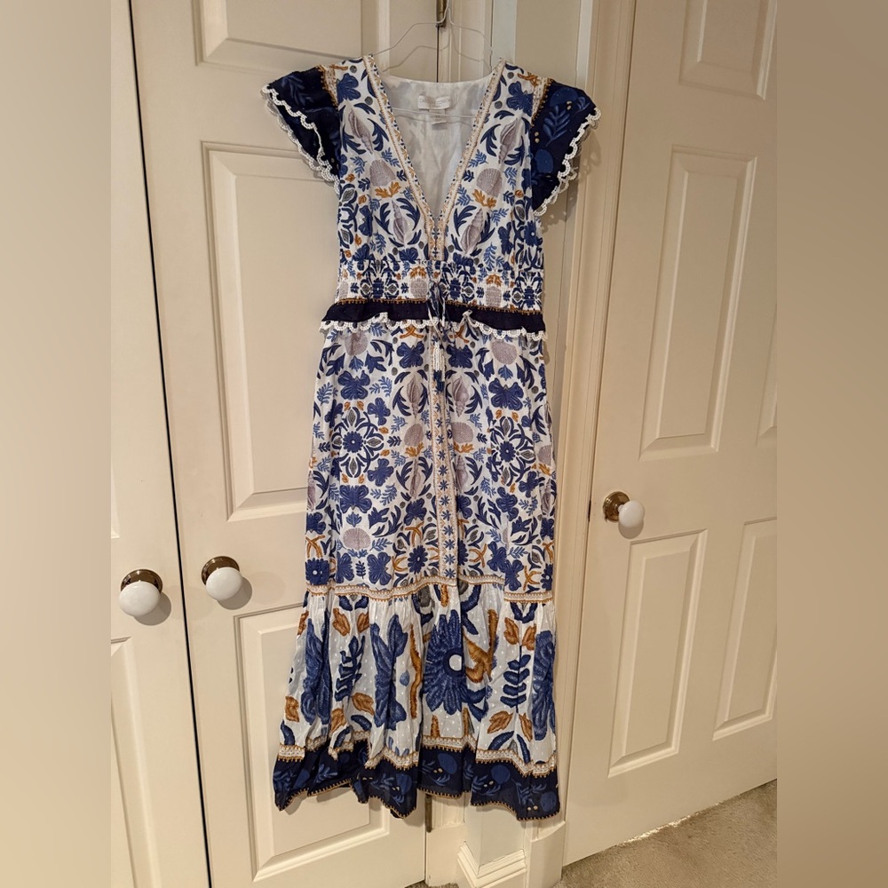 Caroline Constas White, Blue & Gold Embroidered Floral Maxi Dress